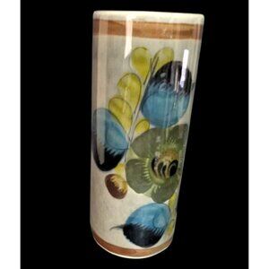 Hand-Painted Tonala Mexican Folk Art Ceramic Vase With Floral Bird Design Vintag